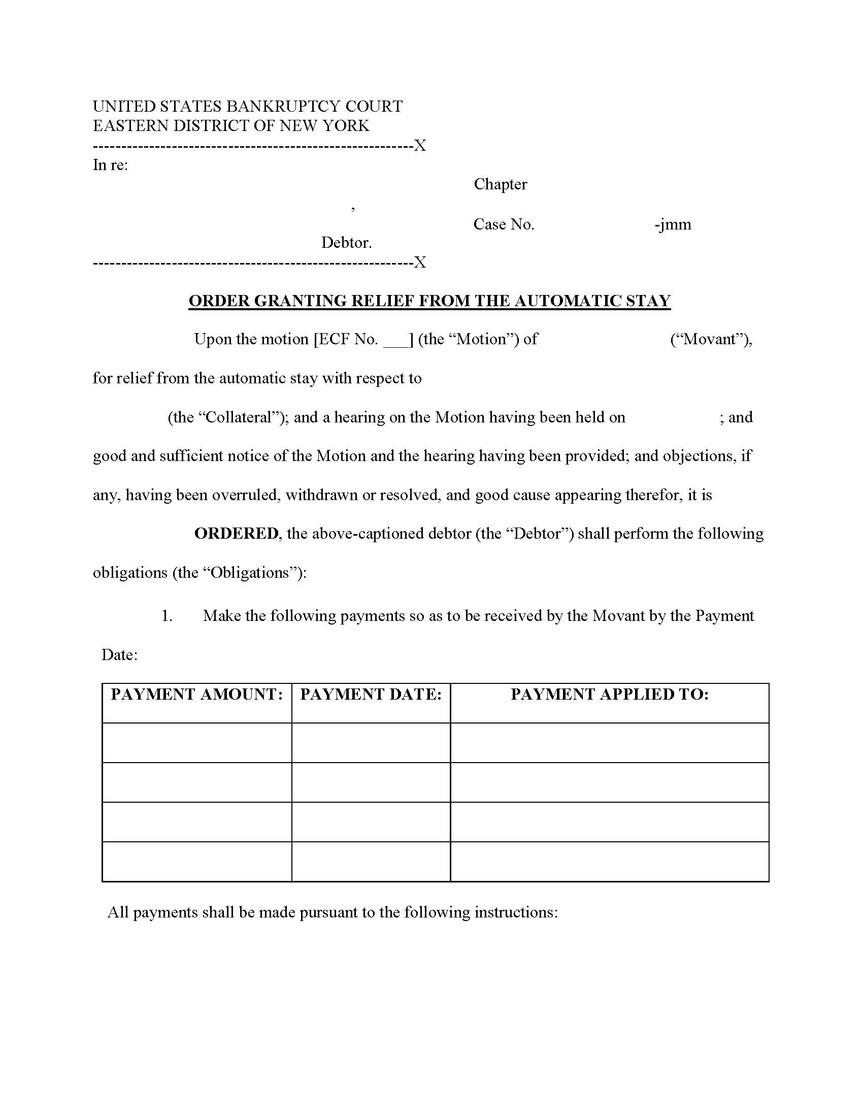 Order Granting Contitional Relief From Automatic Stay (Judge Mazer-Marino) [Sample And Form] | Pdf Fpdf Docx | New York